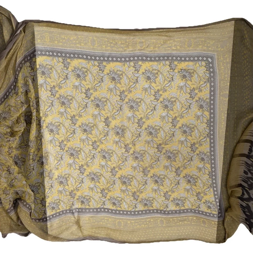 Silk Scarf Floral Aztec Ethnic Print Boho Bohemian Lightweight Yellow Taupe